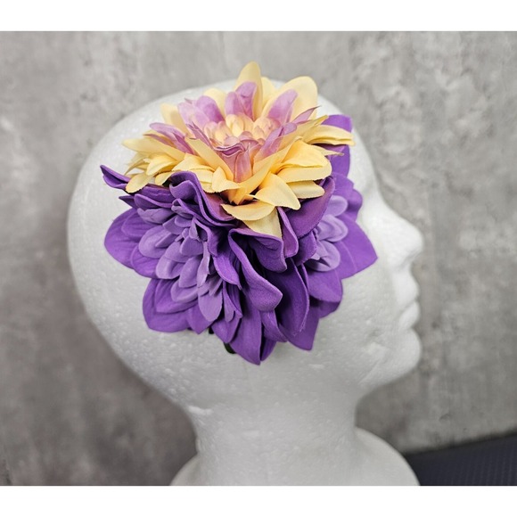 Floral Hair Clip Purple and Yellow Dahlia Flower Fascinator Derby‎ Tiki VLV - Picture 1 of 6